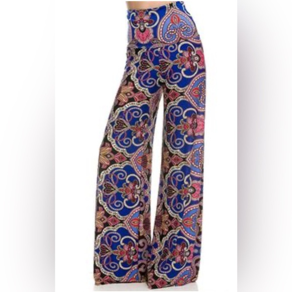J Up Silky Palazzo Pants fold over waist Paisley Blue Black Pink small NWT - Picture 1 of 6
